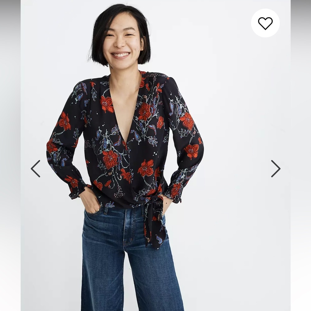 Madewell Silk Smocked-Sleeve Wrap Top sz Small
